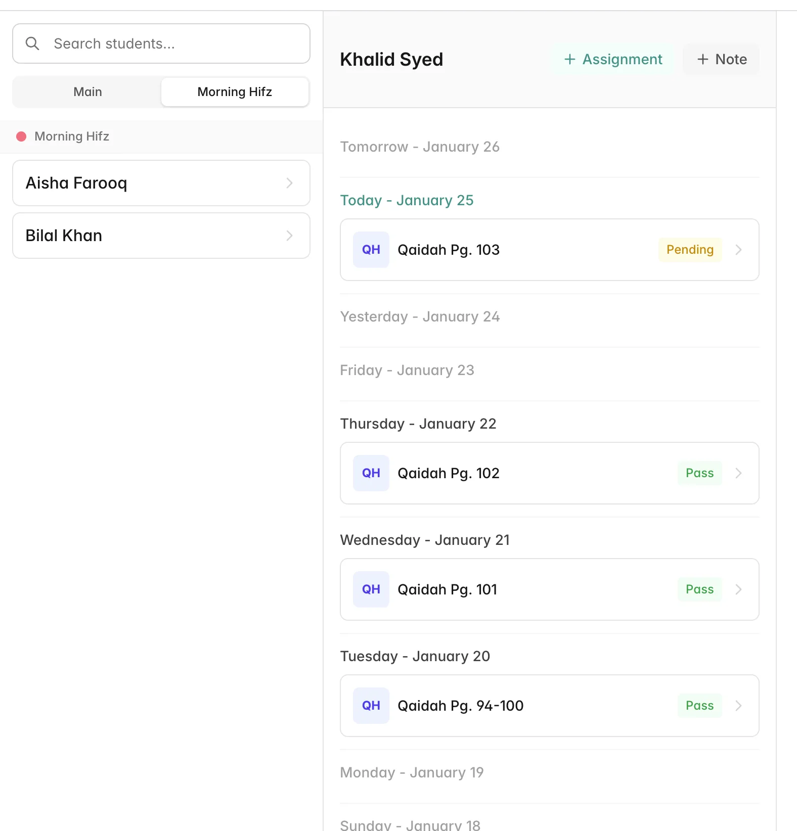 Teacher dashboard showing Main and Morning Hifdh class tabs with student list and assignment timeline
