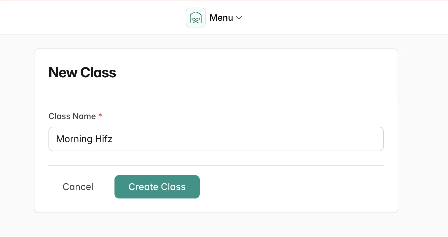 New Class form with Morning Hifdh entered as the class name