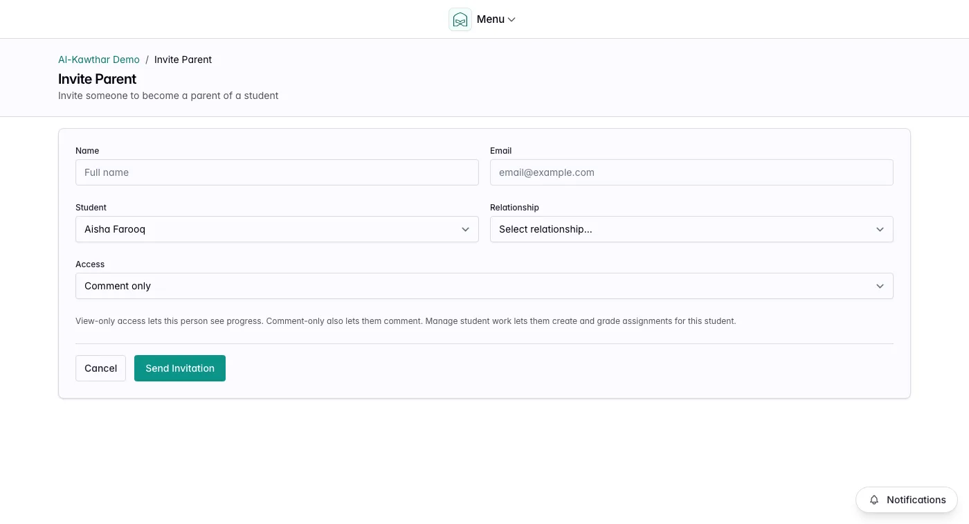 Invite Parent form showing a selected student and access level choices