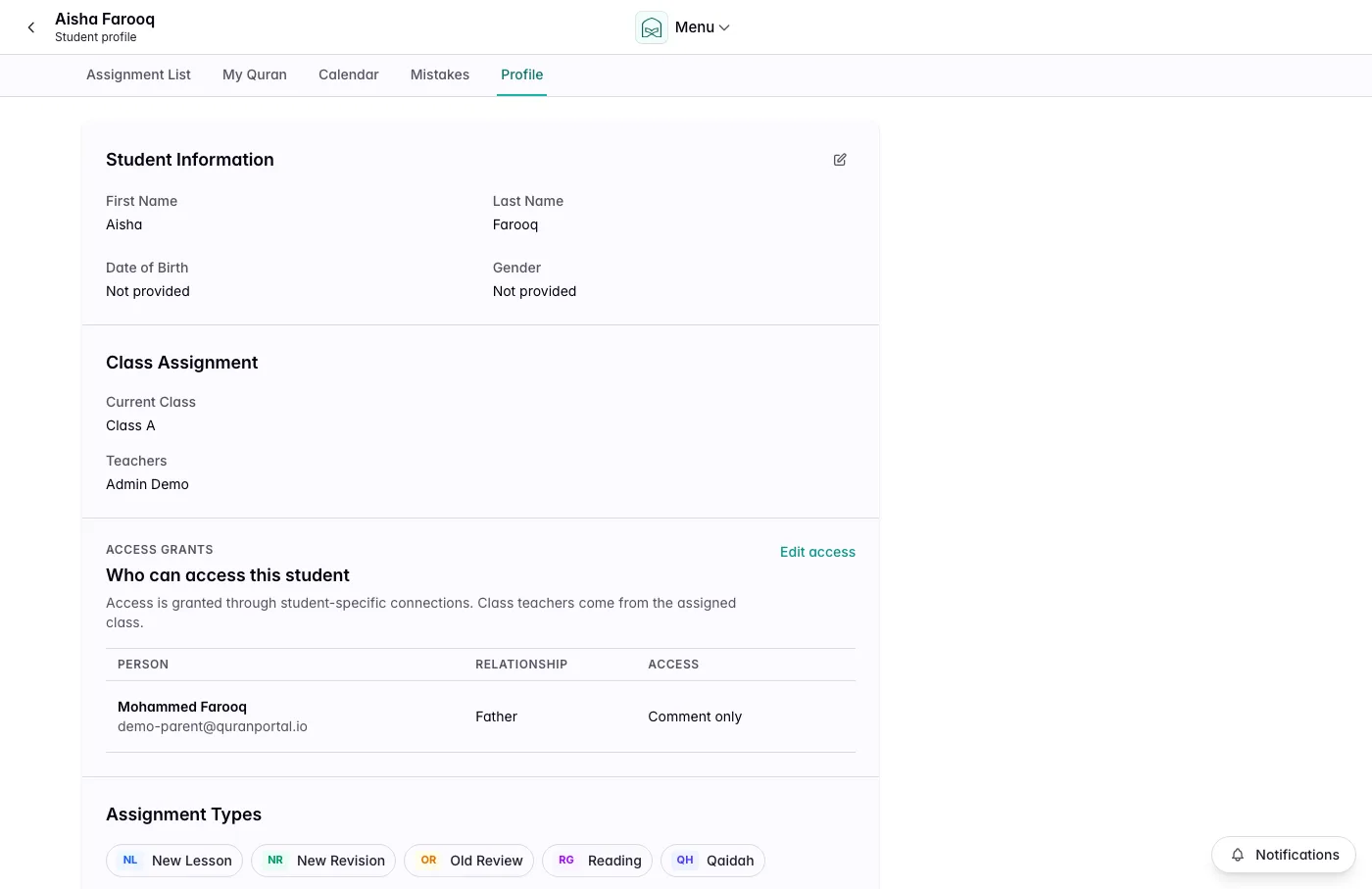 Student profile access panel showing a father with comment-only access