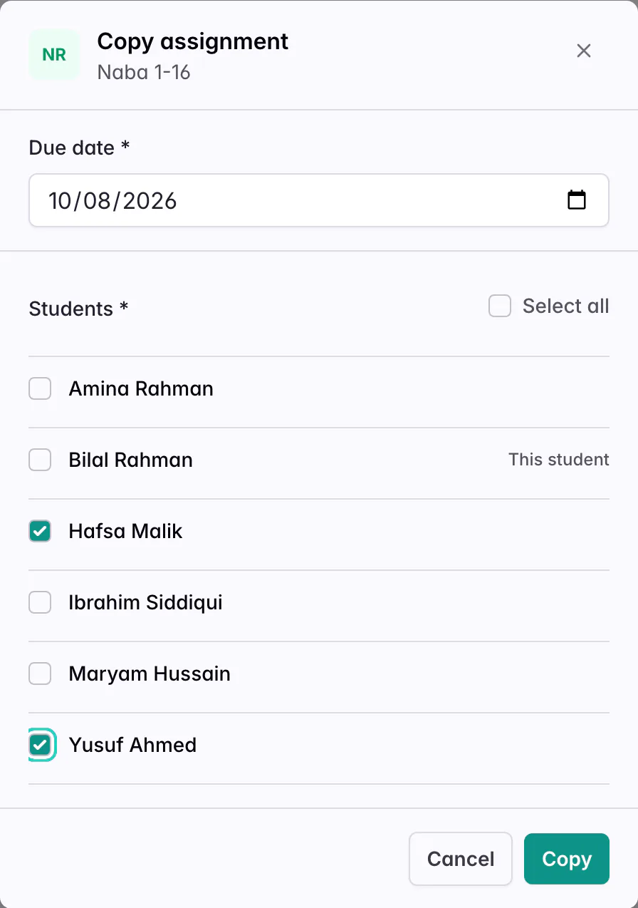The Copy assignment window for a New Revision of Naba 1-16, with a due date, a list of classmates with Hafsa Malik and Yusuf Ahmed ticked, and Cancel and Copy buttons.