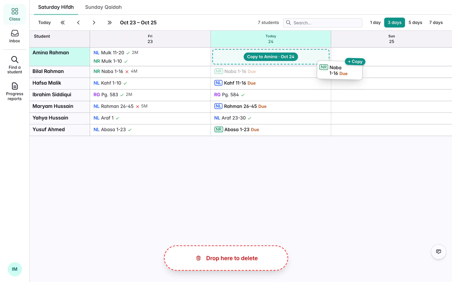 The Teacher Dashboard with Bilal Rahman’s New Revision of Naba 1-16 being dragged into his sister Amina Rahman’s row, where today’s cell reads Copy to Amina with the date and the card shows a + Copy badge.