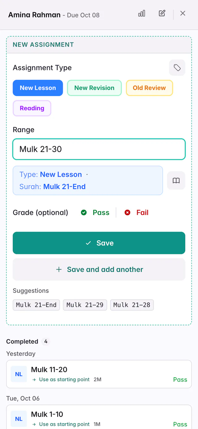 The assignment form on a phone for Amina Rahman, with New Lesson chosen, Mulk 21-30 typed, and Save and Save and add another buttons.