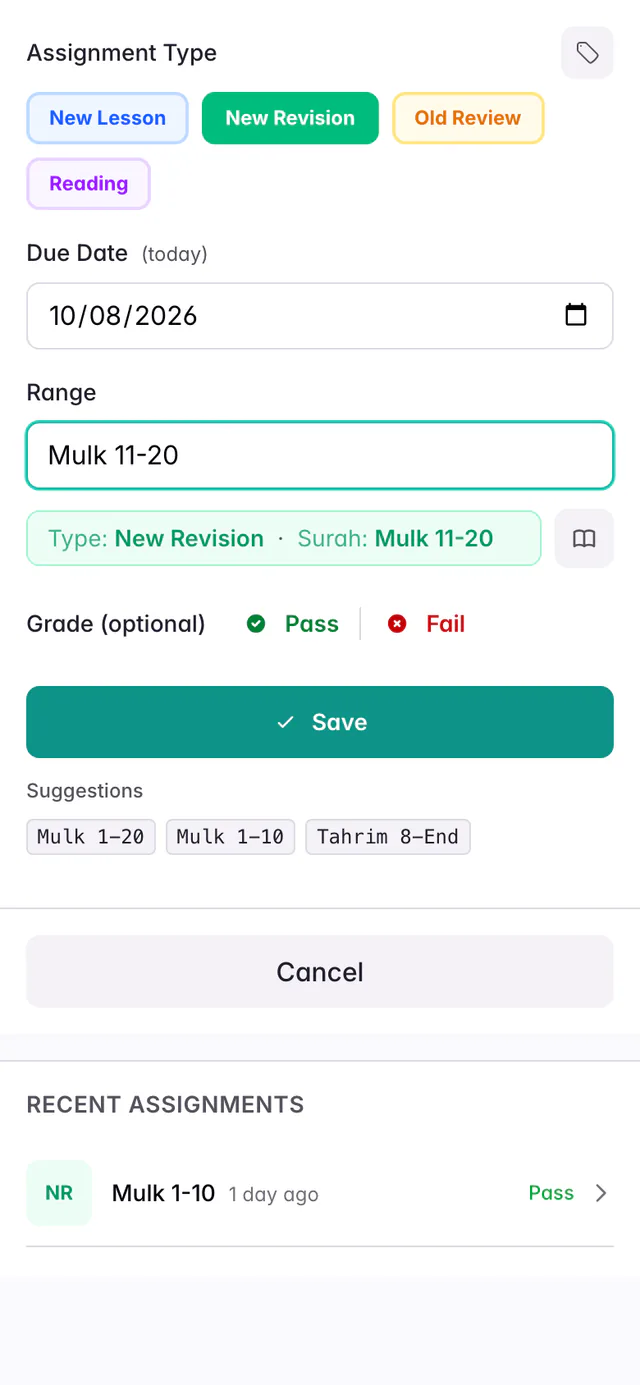 The assignment form in the QuranPortal phone app, with New Revision chosen, today’s due date, Mulk 11-20 typed and a Save button.