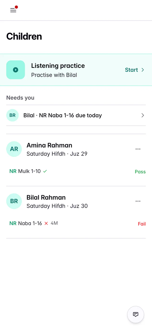 A parent’s Children page on a phone showing two cards, Amina Rahman and Bilal Rahman, each with their class, a ··· menu and their latest graded work.